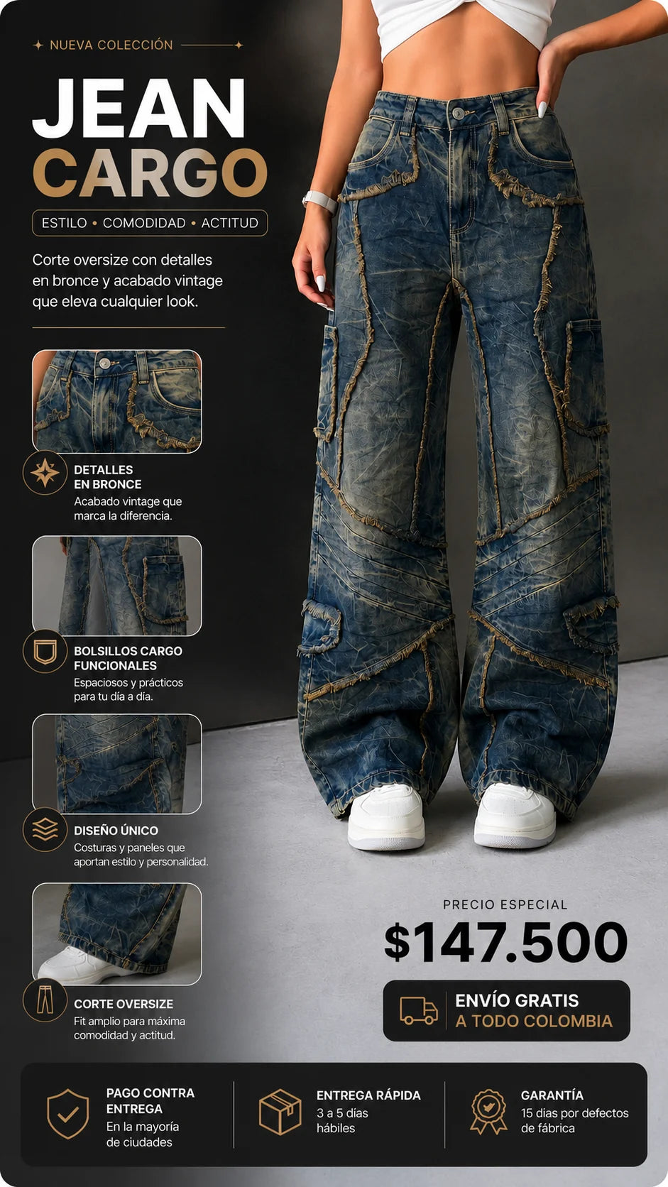 Jean cargo bronce dama