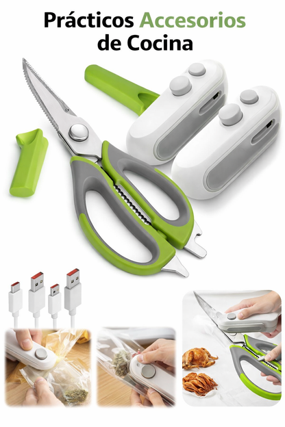 Tijera multiusos + mini sellador y cortador de bolsas